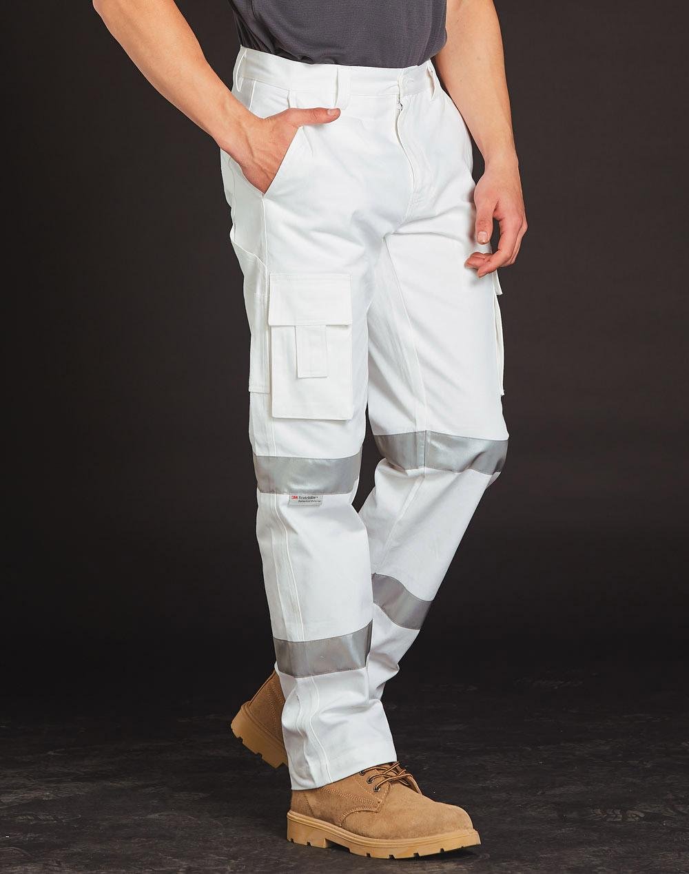 Mens White Safety pants with Biomotion Tape Configuration